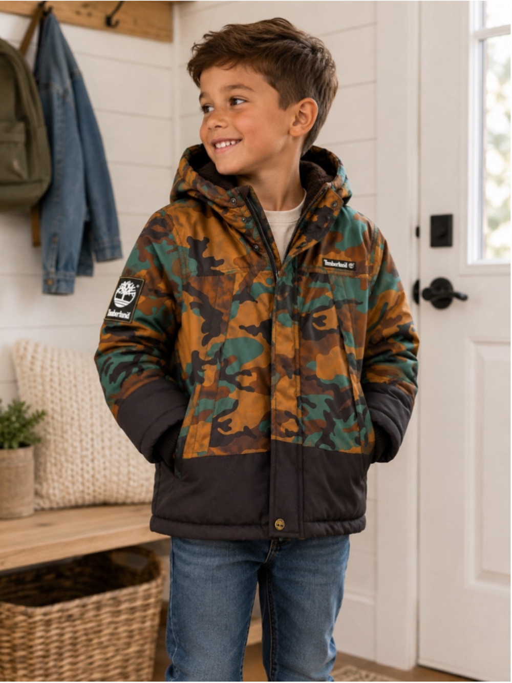 Timberland Kids XS 5/6 Camo Hooded Insulated Jacket Brown Green Outdoor